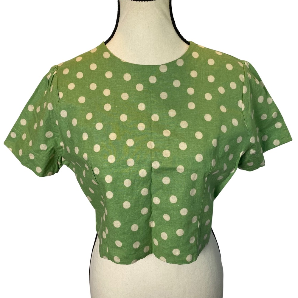 Fashion & Best Crop Top Women XL‎ Green White Polka Dot Rockabilly Pinup Picnic